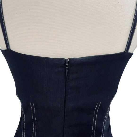 Cache Ruched Denim Corset Dress Size 4 Y2K Stitch Bodycon Club Midi Darkwash - Picture 11 of 11